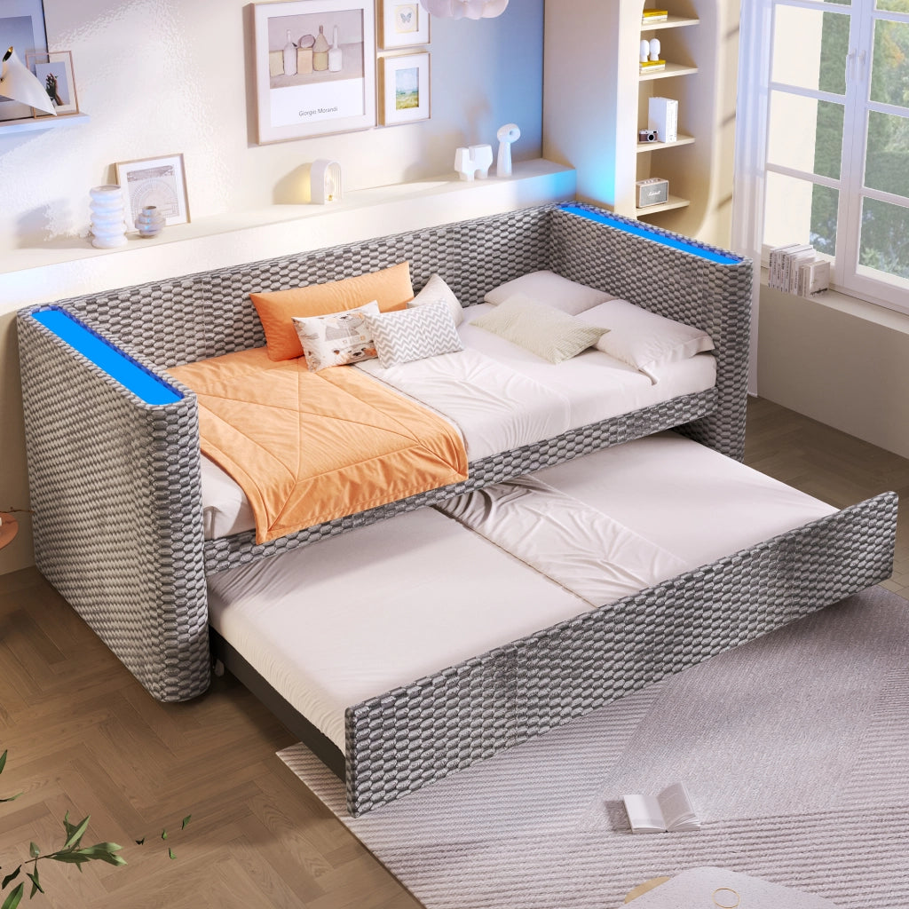OKWISH Letto Estraibile 90×200 cm, Letto Singolo con LED Multicolore, si trasforma in 180×200 cm, senza Materasso, in Velluto, Grigio