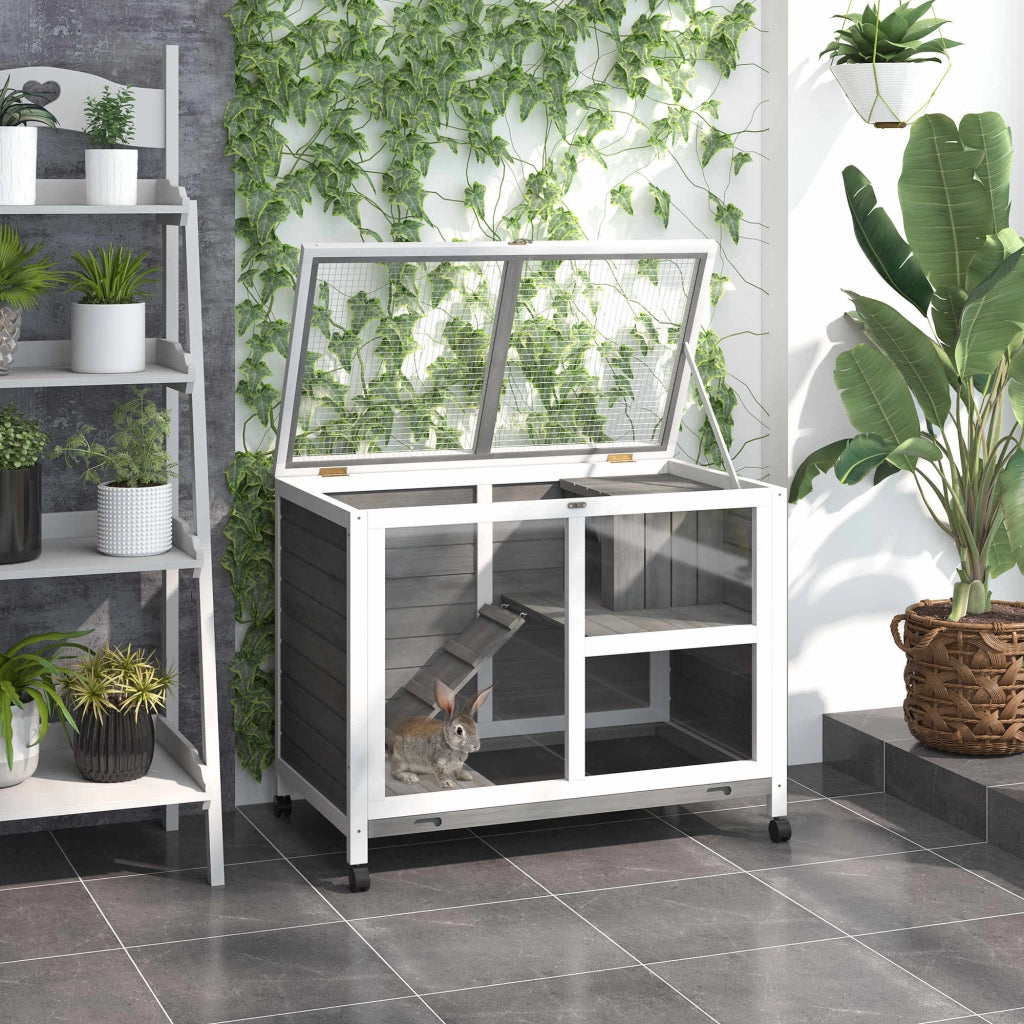 Casetta per conigli a 2 piani in legno massello con ruote ¨C Minimal ¨C 91,5x53,3x73 cm grigio