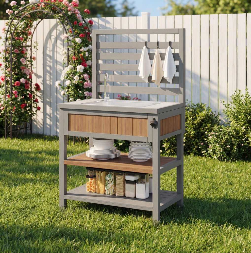Mobile da esterno multifunzione con lavabo e rubinetto integrati; 80 x 51 x 148;5 cm in legno naturale