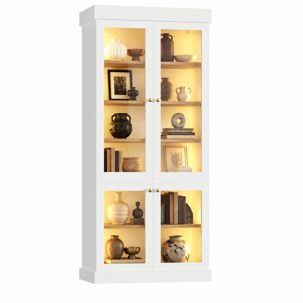 Armadio vetrina LED con ripiani regolabili e luce multicolore, per soggiorno e camera da letto, bianco, 80 × 40 × 180 cm
