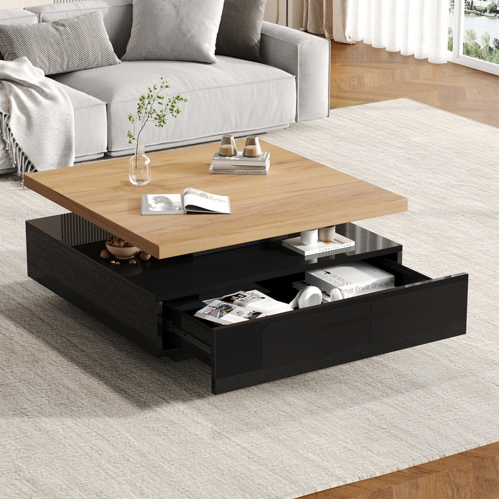 Tavolino da caffè con piano girevole e vano contenitore per soggiorno in truciolare noce 70x70x36 cm
