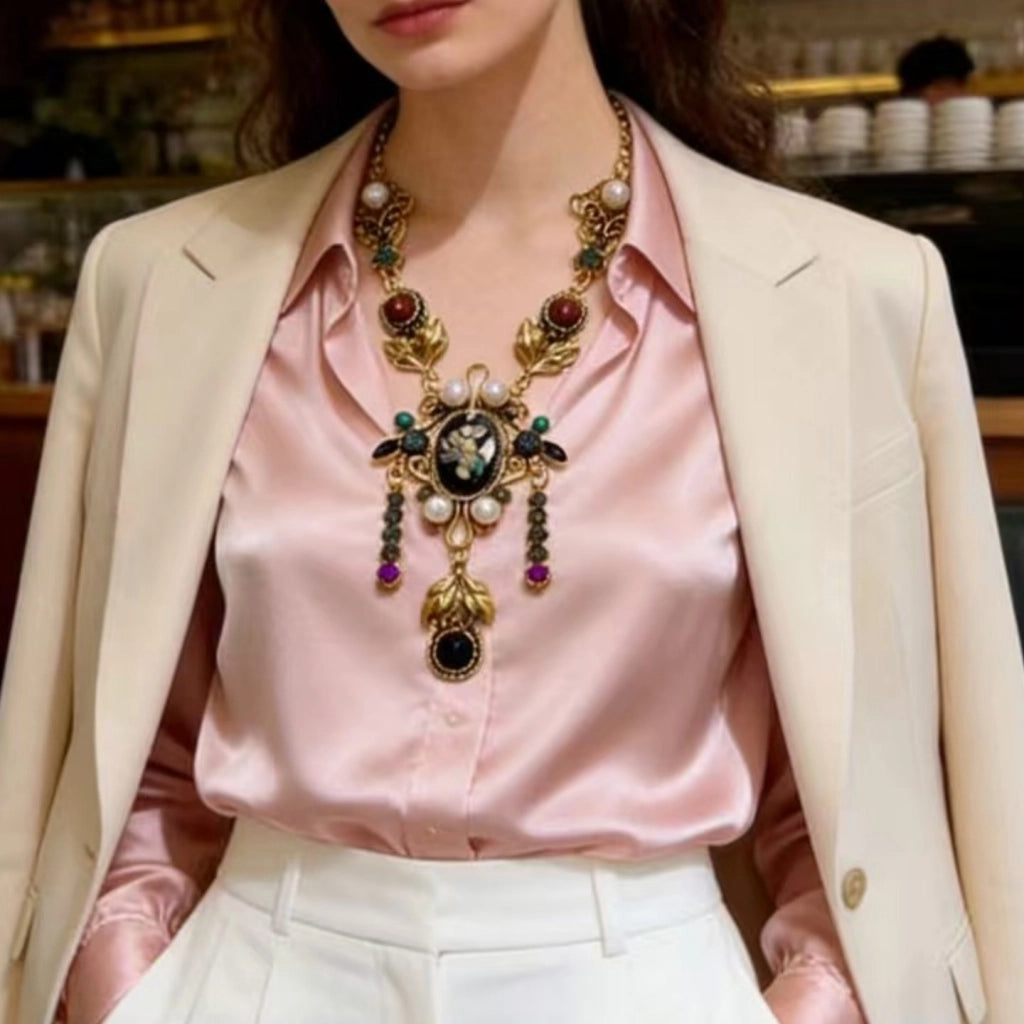 Collana Hanfu retr¨° da donna, catena per clavicola con perle di cristallo, ciondolo con pietre preziose, catena per maglione