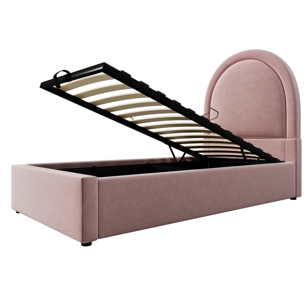 Letto singolo contenitore 90×200 cm con testiera; rete sollevabile; materasso incluso; velluto; rosa