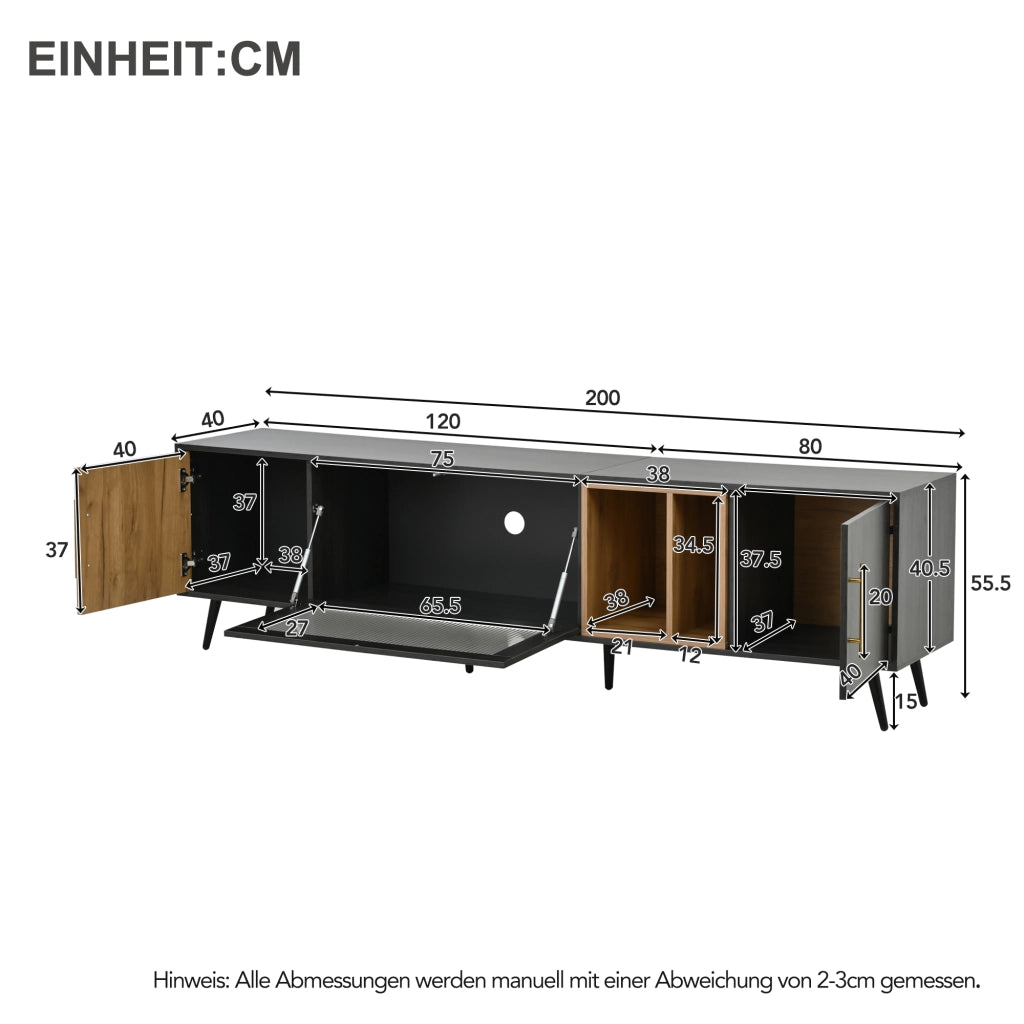 Cassettiera per TV grigia in MDF lunghezza 200 cm