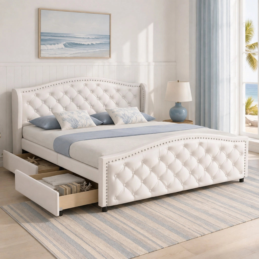 LETTO Imbottito 140x200 cm Bianco PU con rete a doghe e 2 cassetti