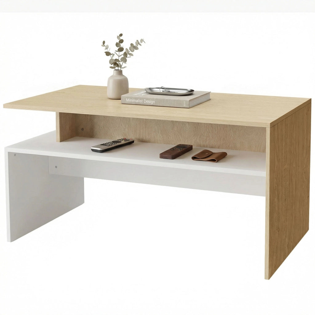 Tavolino da Salotto Bicolore con Mensola Asimmetrica ¨C zephmum ¨C Legno Naturale e Bianco 95x55x50 cm