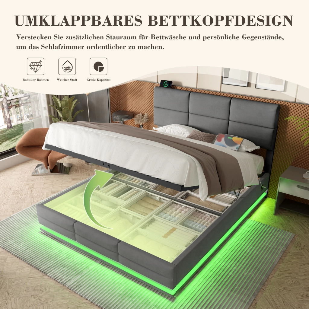 OKWISH Letto Contenitore 180×200 cm, Letto Matrimoniale con USB, Tipo C, LED Regolabile e Testiera Regolabile, senza Materasso, Velluto, Grigio Scuro