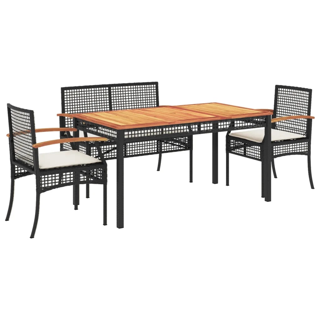 Set da Pranzo da Giardino 4 pz con Cuscini Nero in Polyrattan