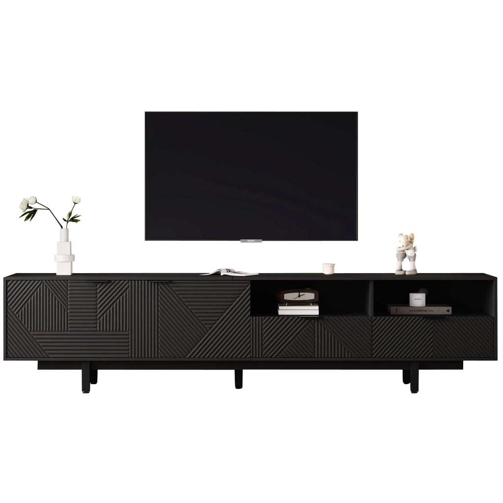 Mobile TV 200x40x51 cm con ante e ripiani aperti in truciolato nero