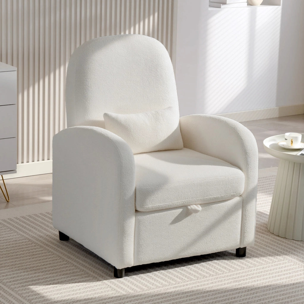 Poltrona Moderna con Cuscino e Spazio Contenitore ¨C Zephmum ¨C Rivestimento in Pile Teddy Crema 76x77x95 cm