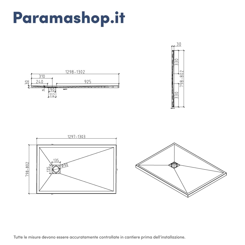 Piatto doccia rettangolare 80x130 cm in marmoresina bianco effetto pietra h3 cm | Milos