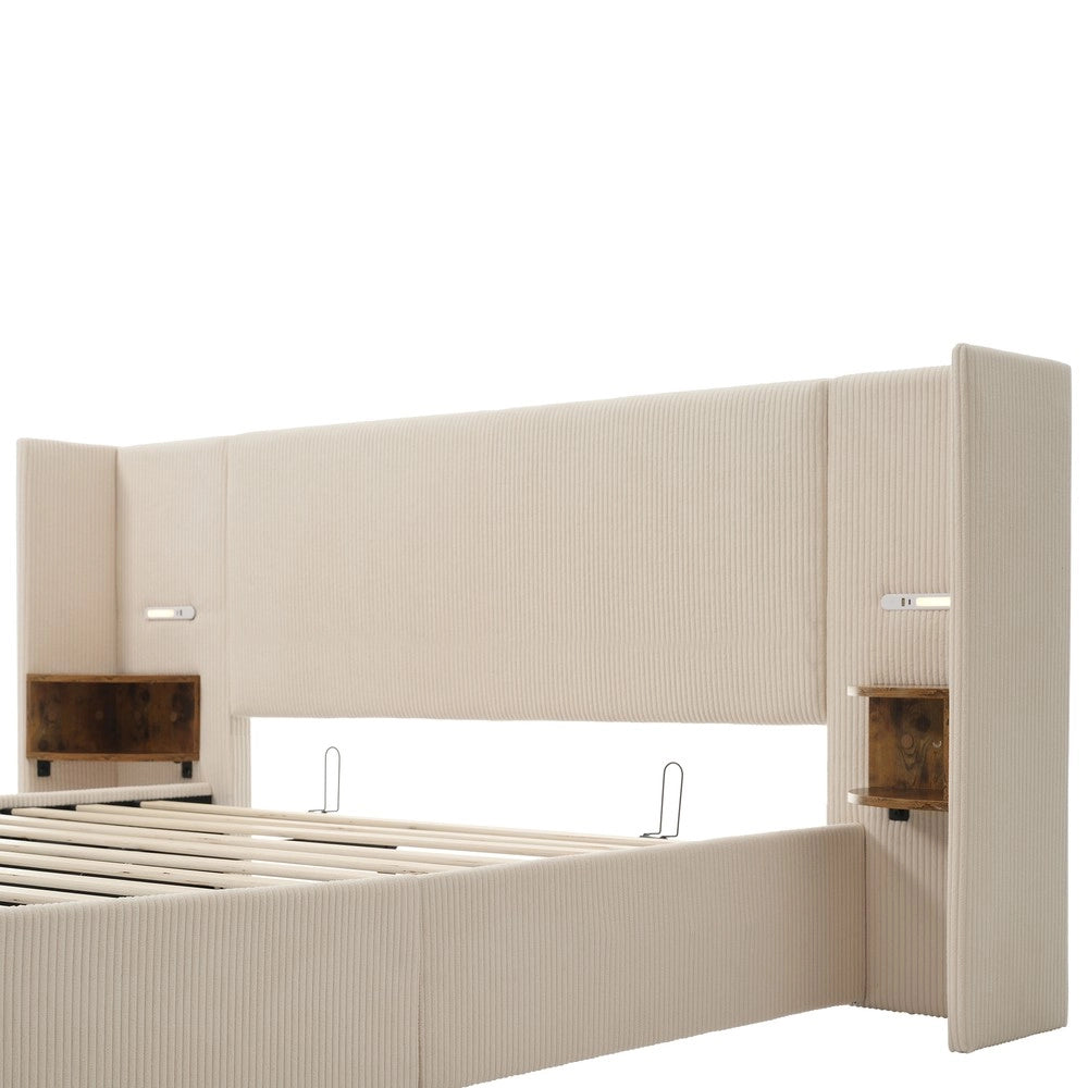 Letto Imbottito Matrimoniale Contenitore ¨C MINIMAL ¨C Cordone Beige/Bianco, Doghe Massello, 180x200