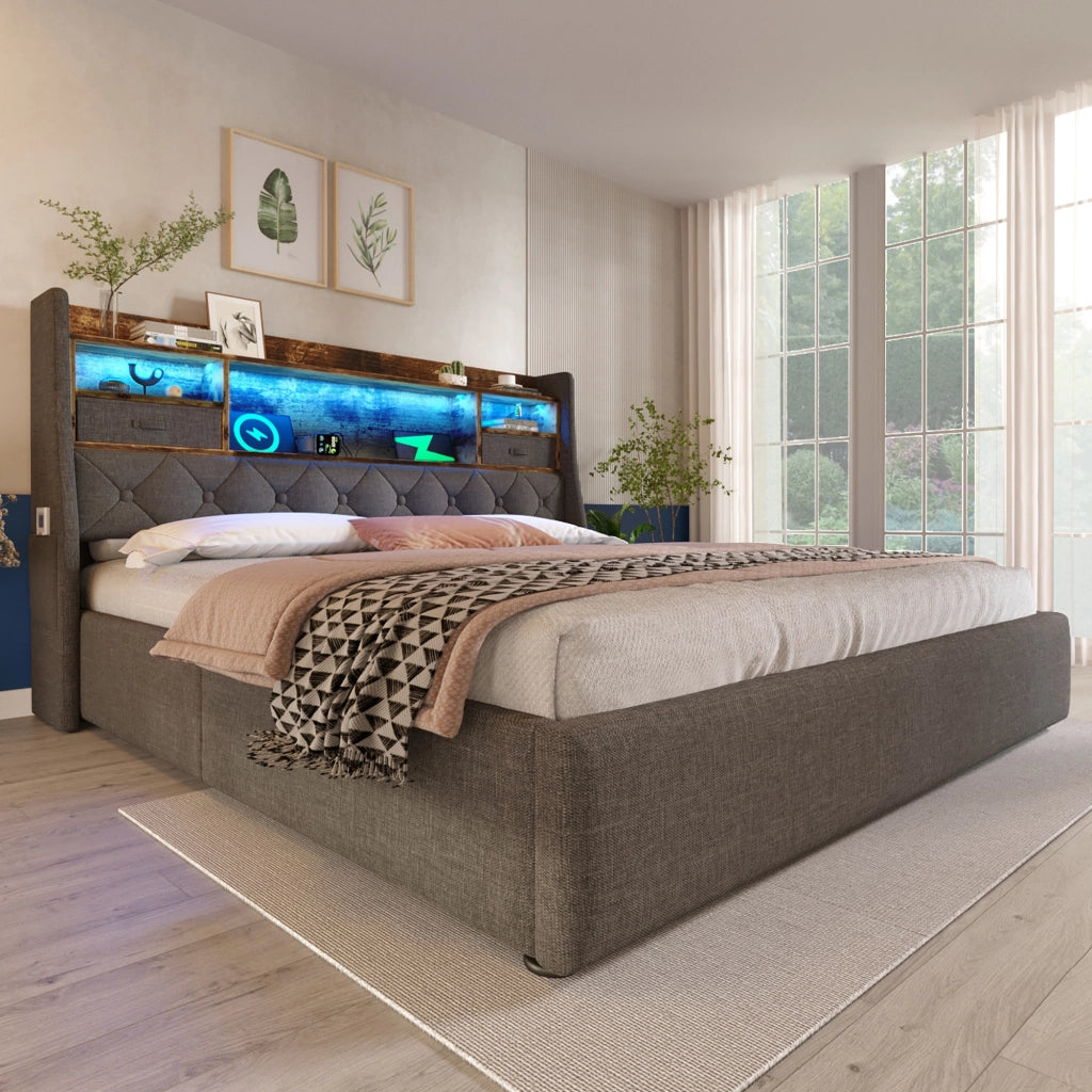 LETTO Contenitore 140x200 cm in Lino Grigio con LED e USB/Type-C
