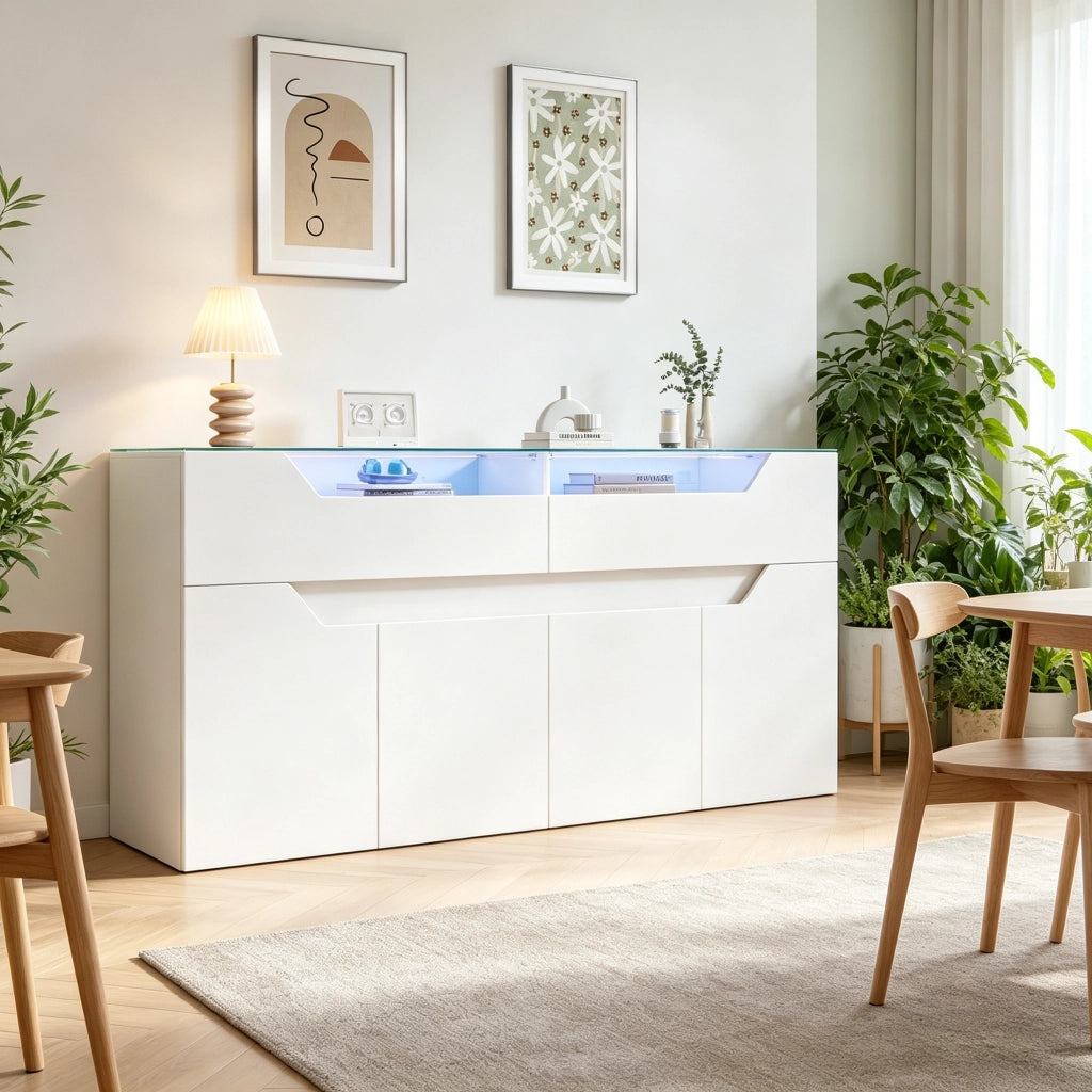 Madia con 2 cassetti e piano in vetro temperato con LED per soggiorno e ingresso; in MDF; bianco; 140×40×70 cm
