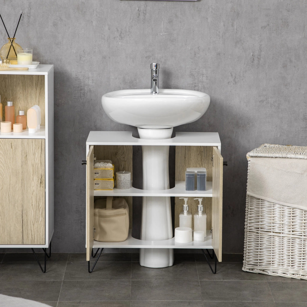Mobile sottolavabo bagno ¨C Xylo ¨C 2 ante, gambe acciaio, bianco legno naturale, 60x30x60 cm