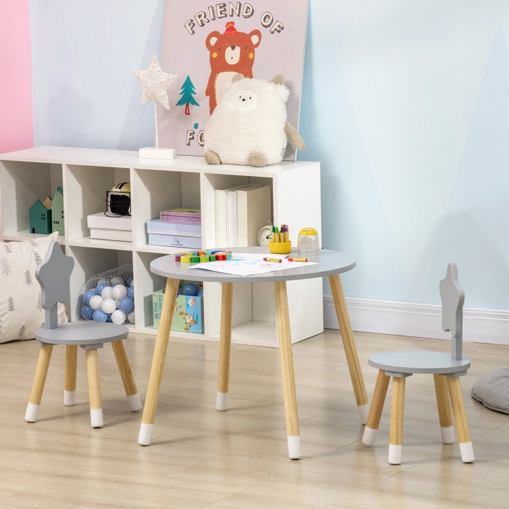Set Tavolo con 2 Sedie per Bambini in Legno, Et¨¤ da 18 Mesi a 4 Anni, Grigio