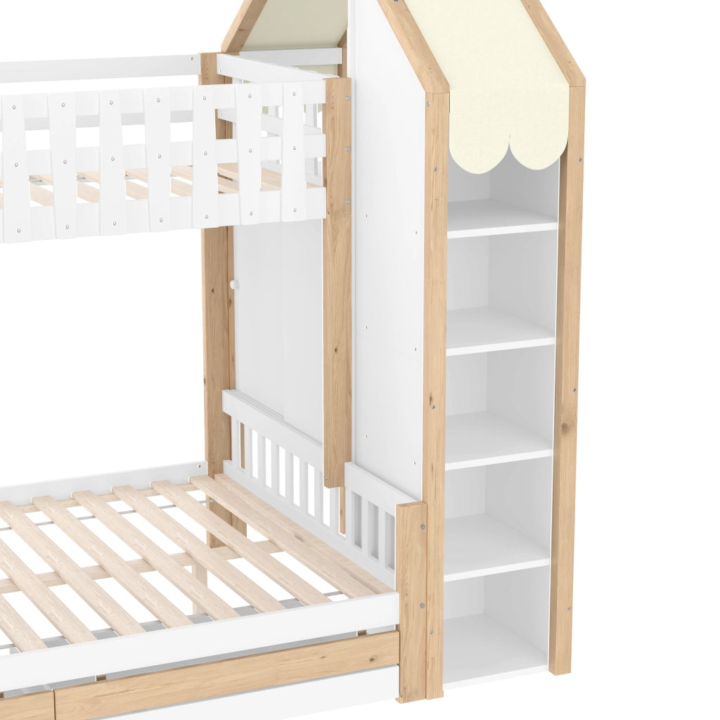 DESMIU Letto a castello per bambini 90 × 200 cm e 140 × 200 cm con contenitori, senza materasso, bianco naturale