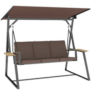 Dondolo da Giardino 3 Posti con Tettuccio Regolabile, Dondolo da Esterno in Metallo con Vassoi Porta Bicchieri, Cuscini Imbottiti, Portata 360kg, per Terrazzo Balcone, 222x131x175 cm, Marrone