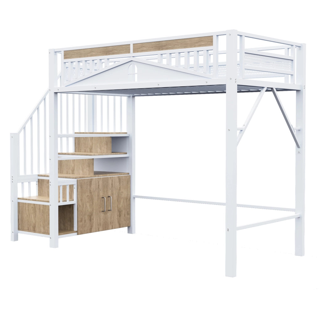 Letto a soppalco 90x200 cm in metallo con scala contenitore e armadietto