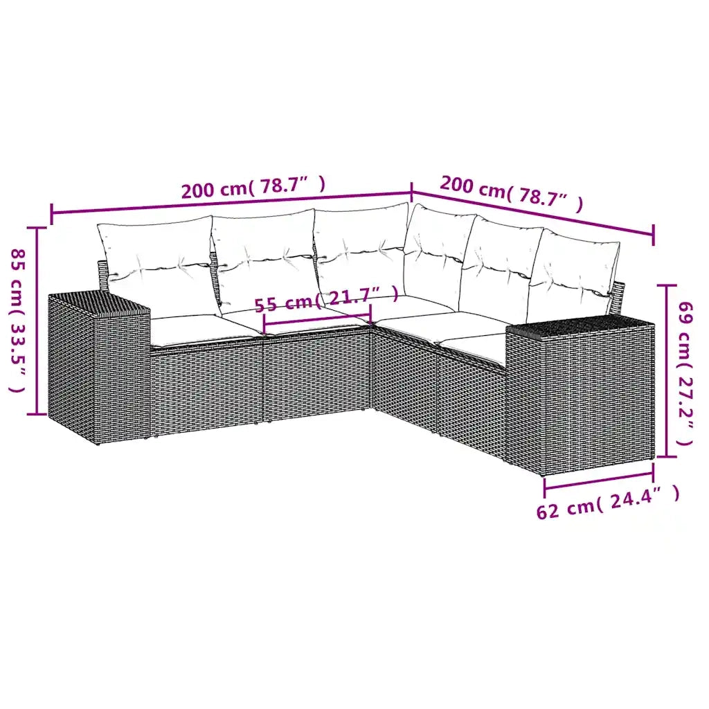 Set Divani da Giardino 5 pz con Cuscini Marrone in Polyrattan 3222553