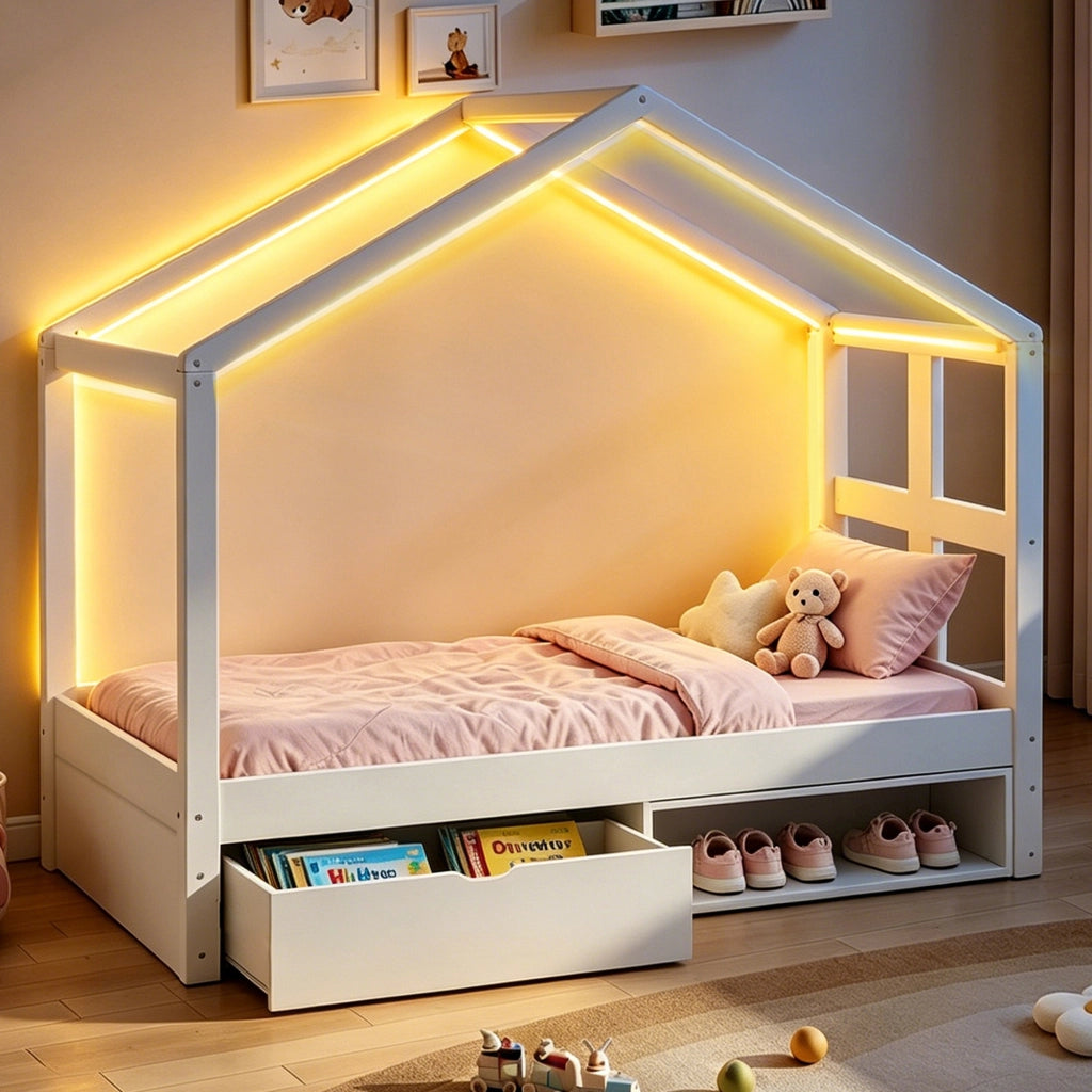 LETTO multifunzione 90x190 cm con cassetto, scarpiera e LED bianco