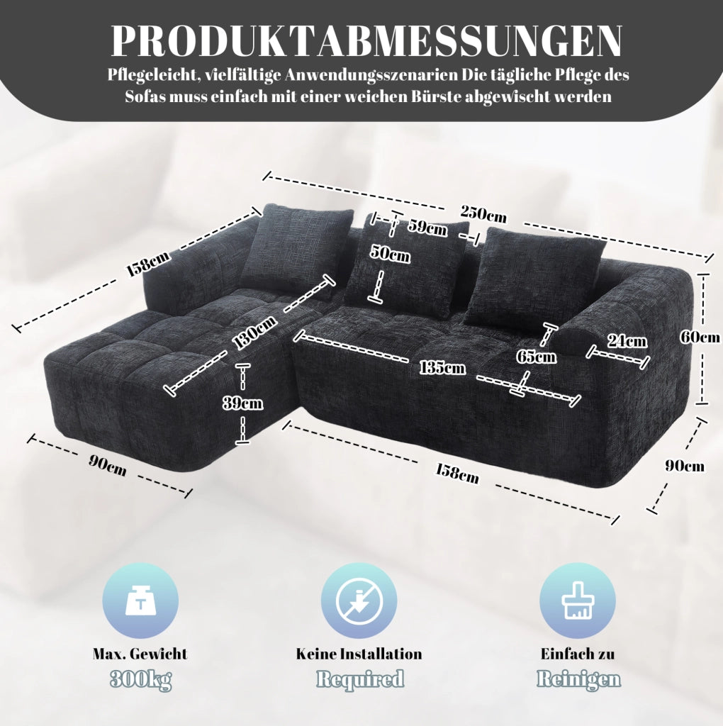 Divano angolare 3 posti con chaise longue in chenille nera; 250x158x60 cm con 3 cuscini