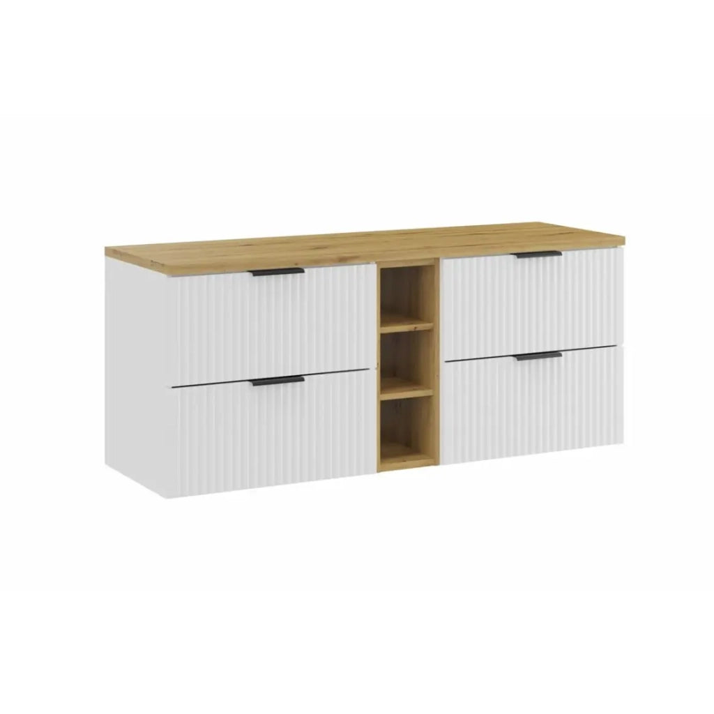 Set da bagno NOXERA 140 cm - Mobile sottolavabo sospeso bianco alpino con piano per lavabo in rovere e nicchie aperte