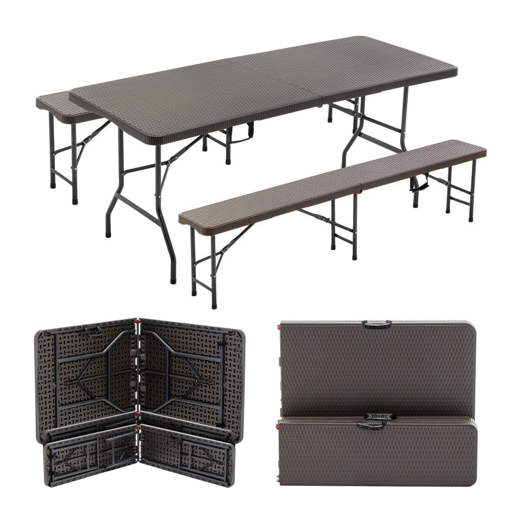 Set tavolo da picnic pieghevole 3 pezzi con 2 panche; 183 cm; HDPE marrone