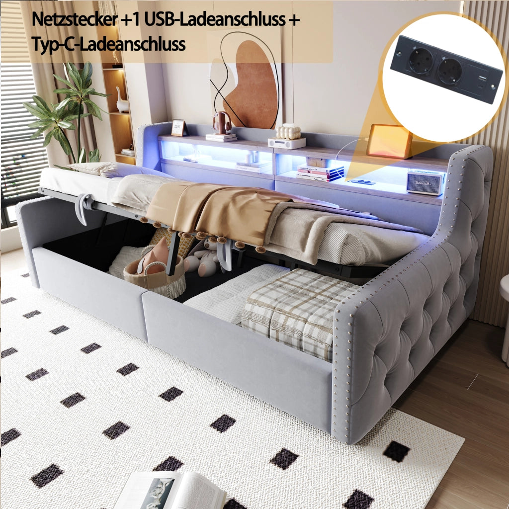 Letto singolo 90×200 cm con contenitore; LED; ripiano; USB e Type-C; senza materasso; velluto; grigio chiaro