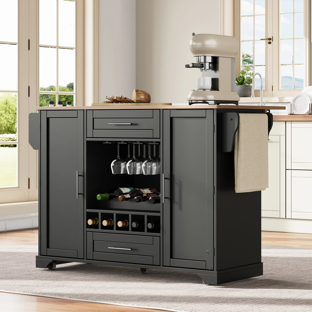 Carrello da Cucina Multifunzione con Piano Pieghevole, Portabottiglie, Portabicchieri ¨C Xylo ¨C Nero, 120x45x92 cm