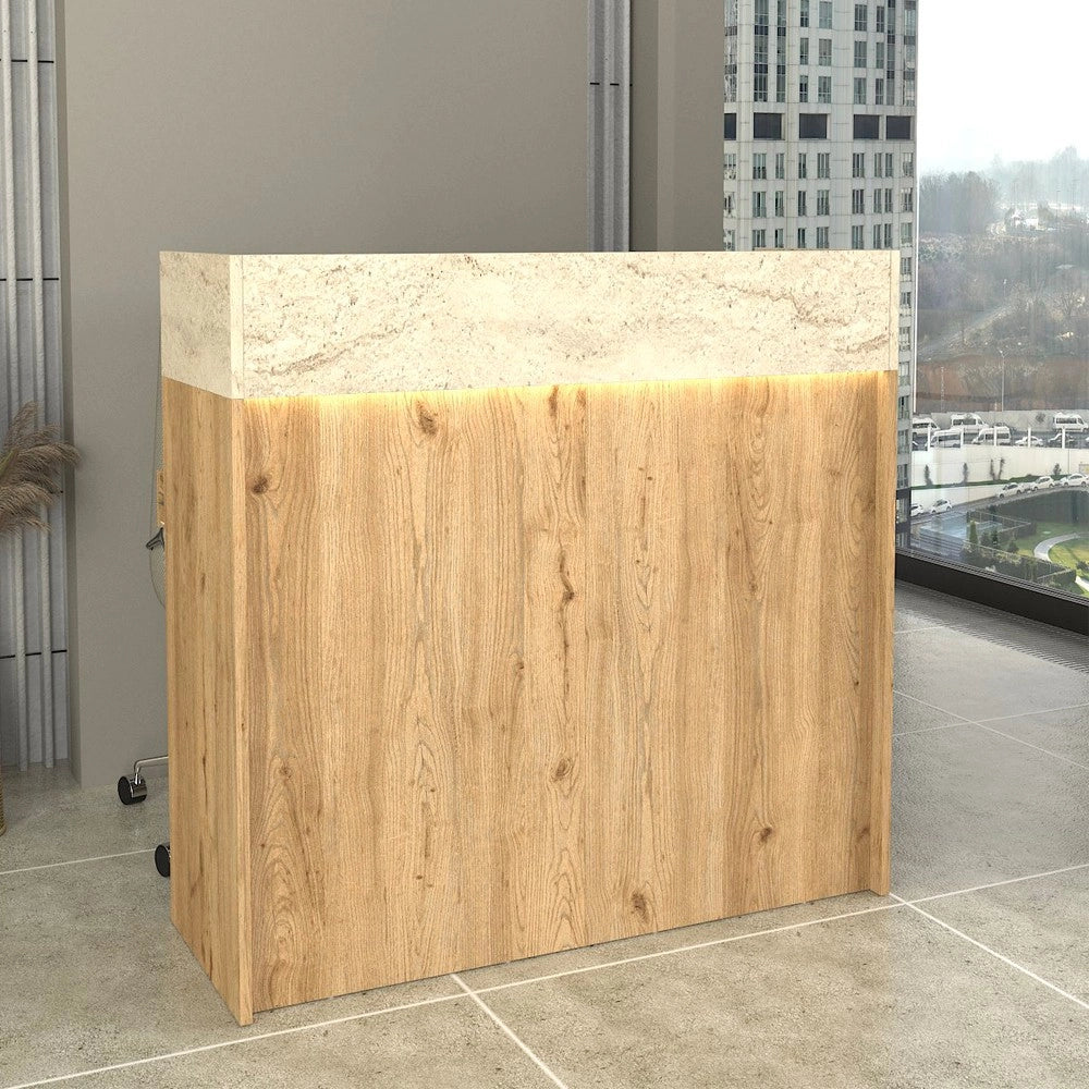 Bancone Reception Wilko 110 cm Rovere con Dettaglio Travertino e LED – Design Moderno