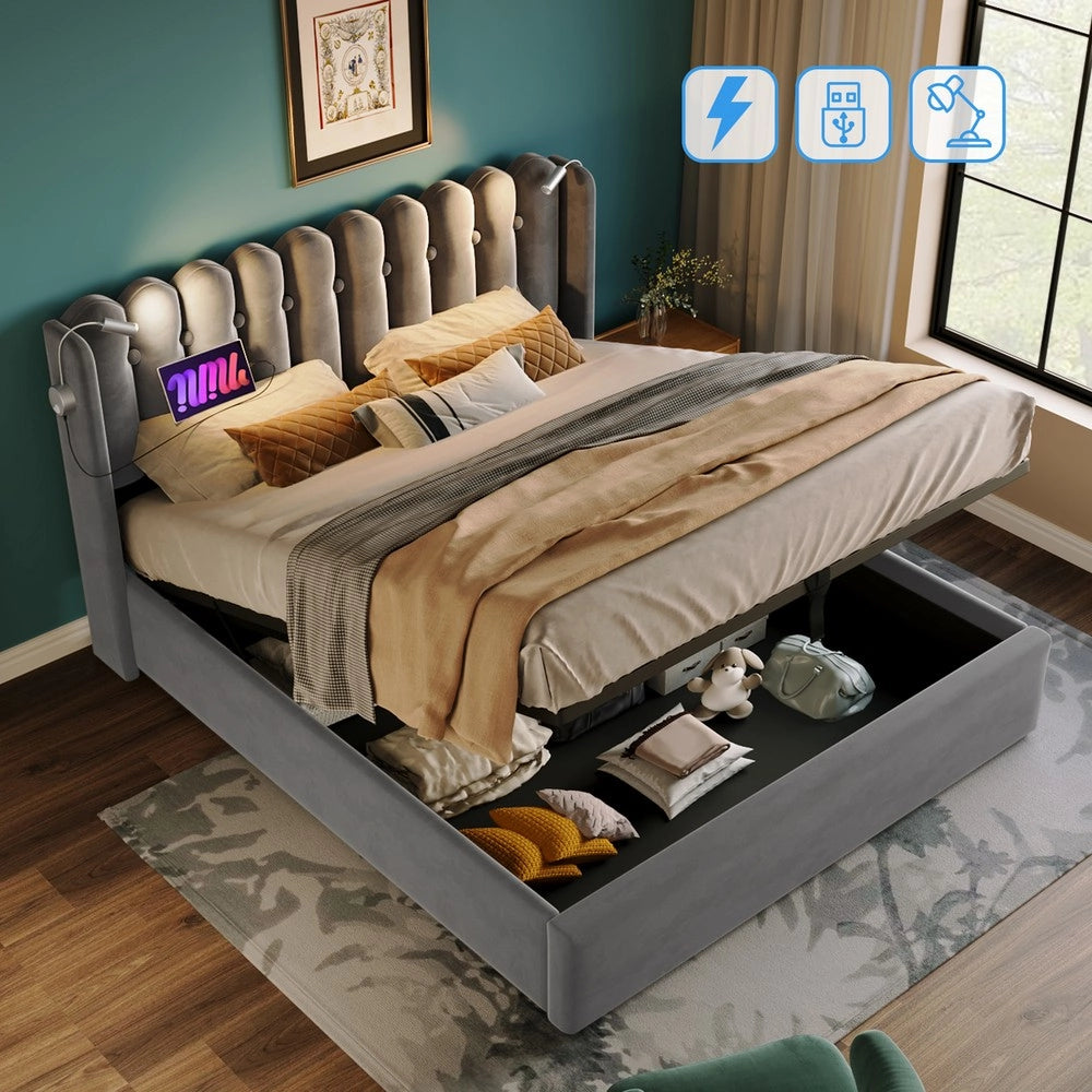 Letto Imbottito Contenitore con LED e Ricarica ¨C MINIMAL ¨C Velluto Grigio 140x200 con materasso