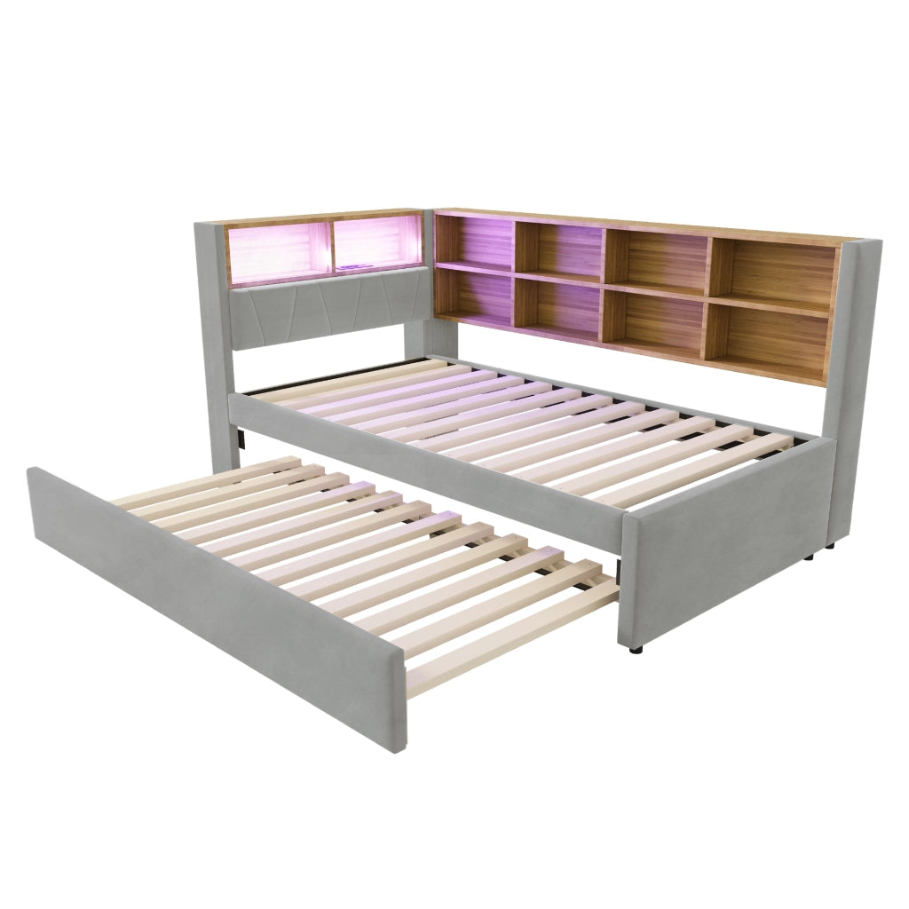 Letto estraibile matrimoniale 90×200 cm e 90×190 cm con LED; USB e ripiani; senza materasso; grigio chiaro