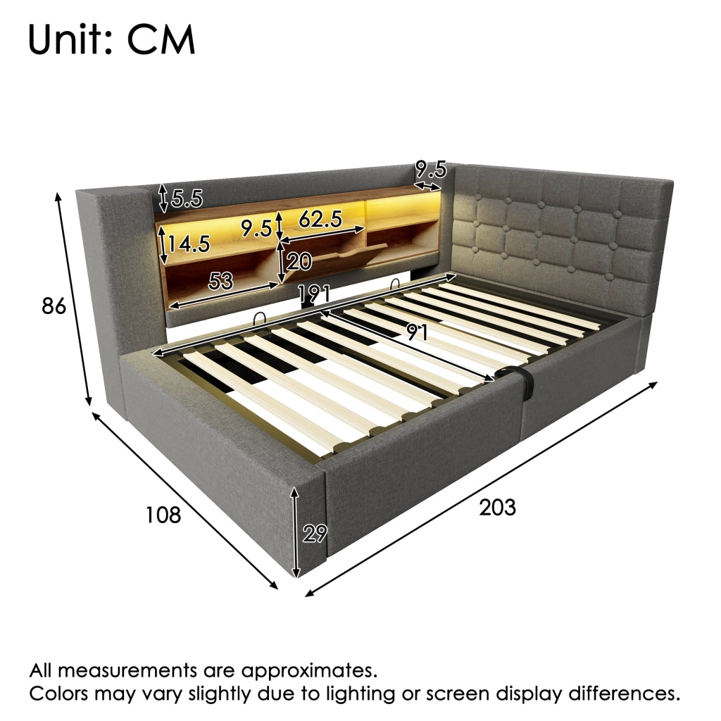 OKWISH Letto contenitore 90×190 cm, Letto singolo con LED, USB e Tipo C, Testiera a L reversibile, senza Materasso, in Lino, Grigio