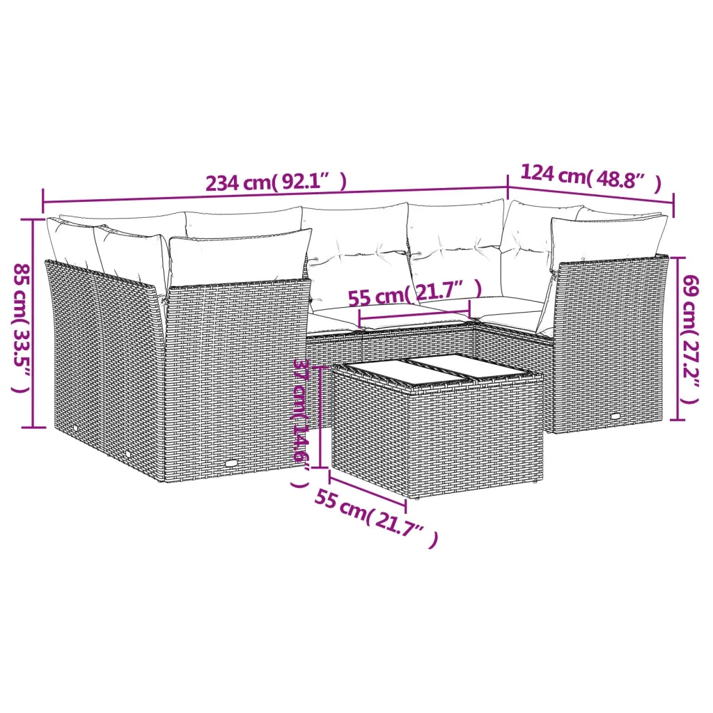 Set Divani da Giardino 7pz con Cuscini Grigio Chiaro Polyrattan