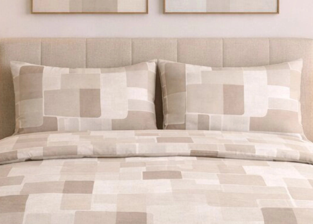 Completo Lenzuola Letto In 100% Cotone Made Italy Disegno Brick - Francese - Beige