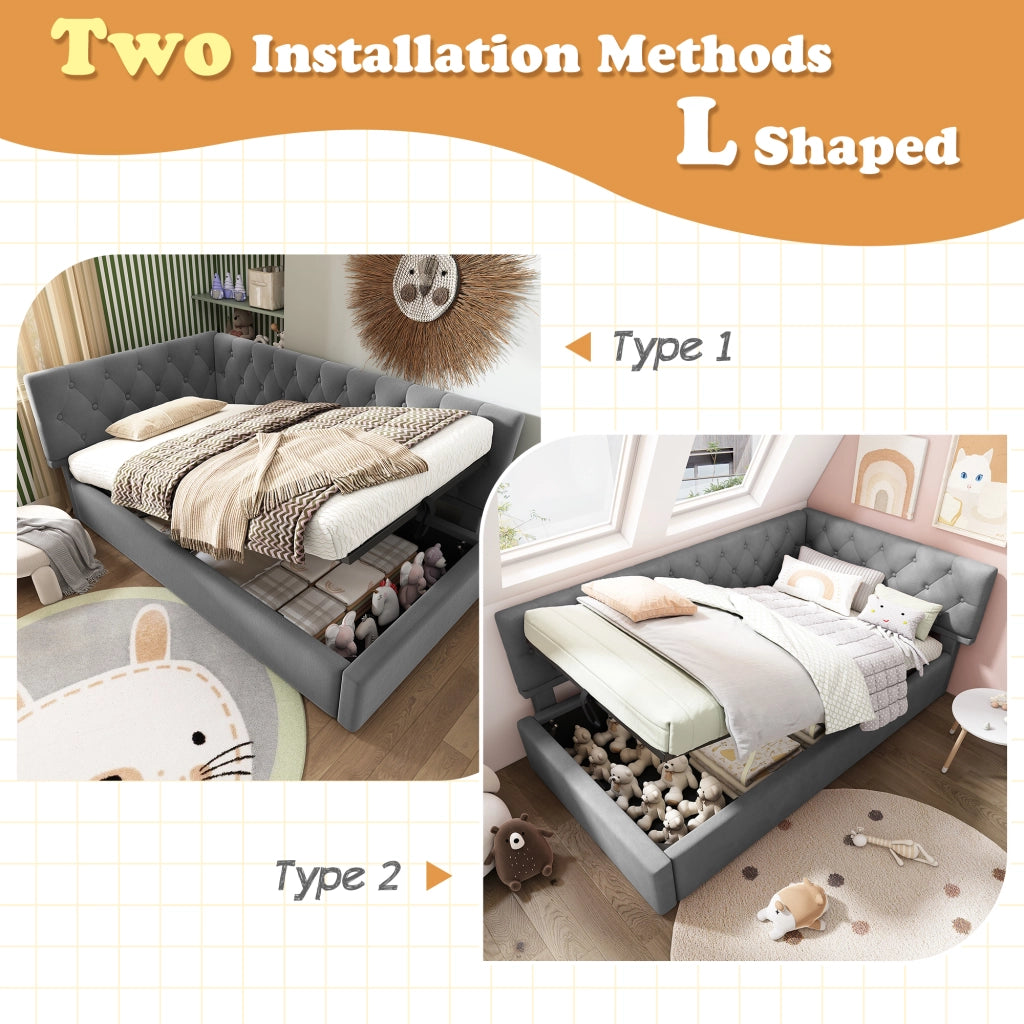DESMIU Divano letto 90 × 190 cm 1 posto con contenitore idraulico e testiera reversibile, senza materasso, in velluto, grigio