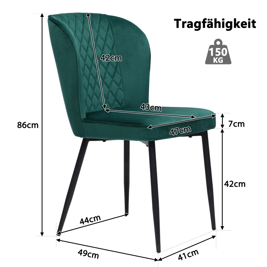 Sedia da sala da pranzo; seduta imbottita ergonomica; struttura in metallo; velluto verde