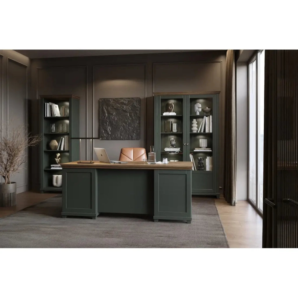 Set ufficio ASSIA verde scuro e legno – Scrivania 180 cm + libreria + vetrina 2 porte in vetro