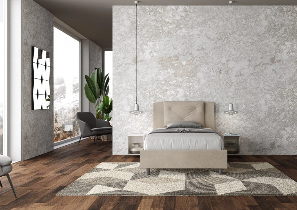 BS COM Letto singolo con rete imbottito 100x210 microfibra sabbia