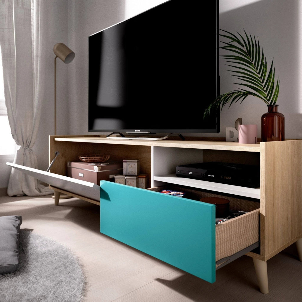 Mobile porta TV Axterix, Credenza bassa da soggiorno, Madia da salotto per televisione, 155x43h47 cm, Rovere e Bianco