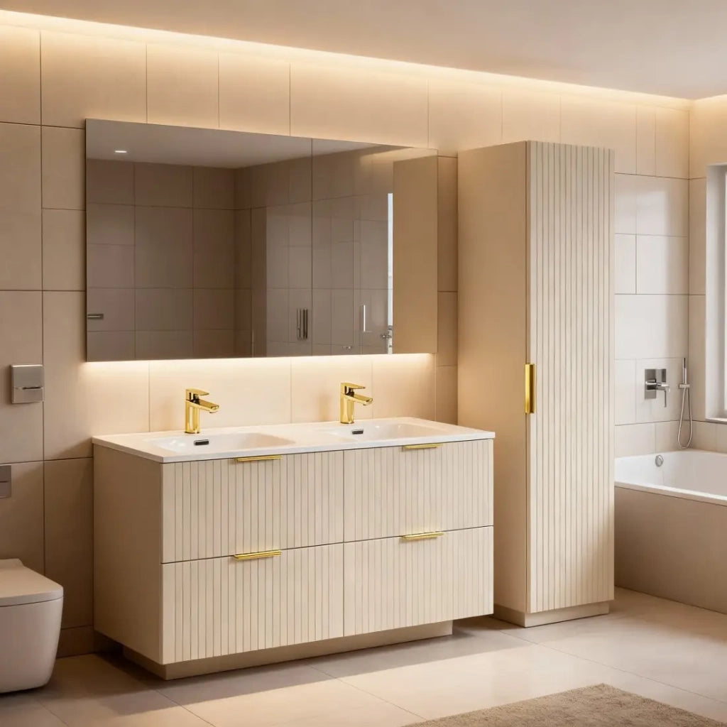 Set da bagno NOXERA 120 cm – Marrone congo – Doppio lavabo + colonna sospesa
