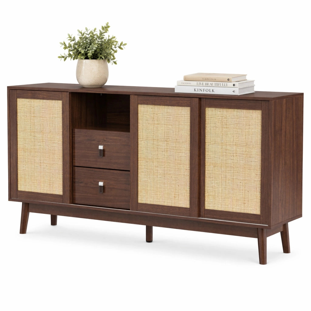 Sideboard con 3 ante scorrevoli in rattan e 2 cassetti; 155x38x80 cm; effetto legno
