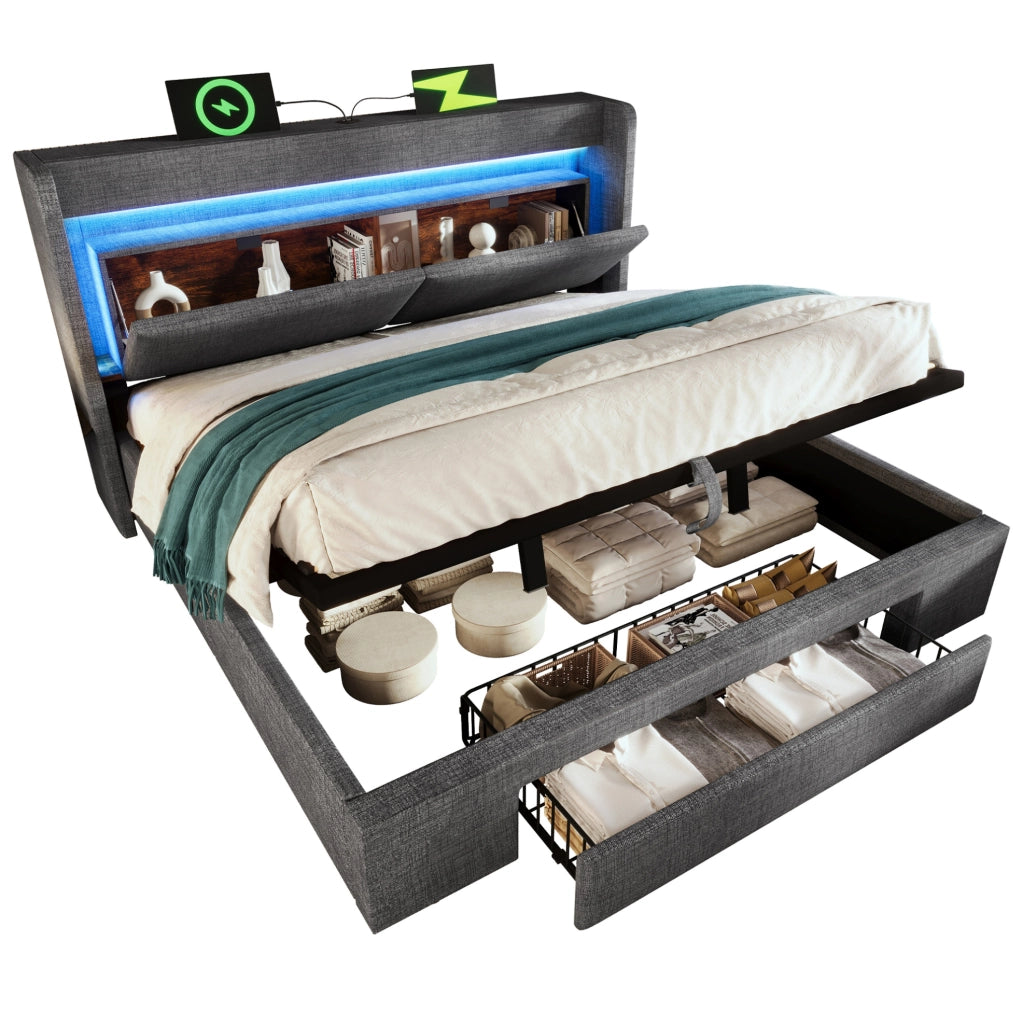 Letto matrimoniale 140x200 cm con contenitore idraulico; LED; prese USB e USB-C; grigio in lino; con materasso