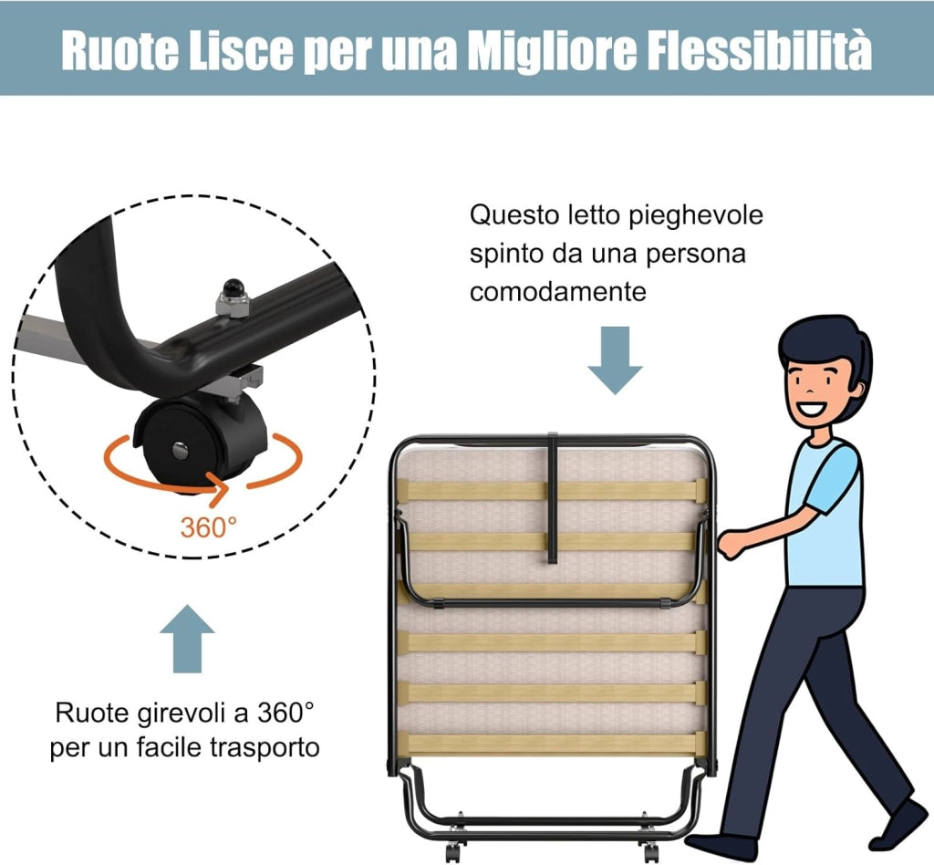 Brandina Pieghevole con Materasso, in Memory Foam, Struttura Resistente e 4 Ruote Girevoli, Lettino Pieghevole per Casa Ufficio, 190x80x33 cm (Beige)