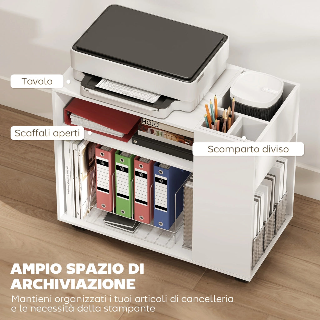 Tavolino da Salotto 70x36x60 cm con Ruote Vani Aperti Ripiano e Scomparto Superficie in Melamina Bianco