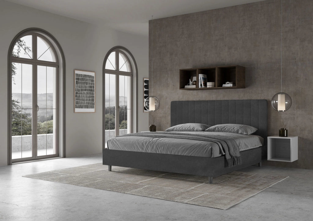 BS COM Letto matrimoniale king size contenitore imbottito 180x200 microfibra grigio