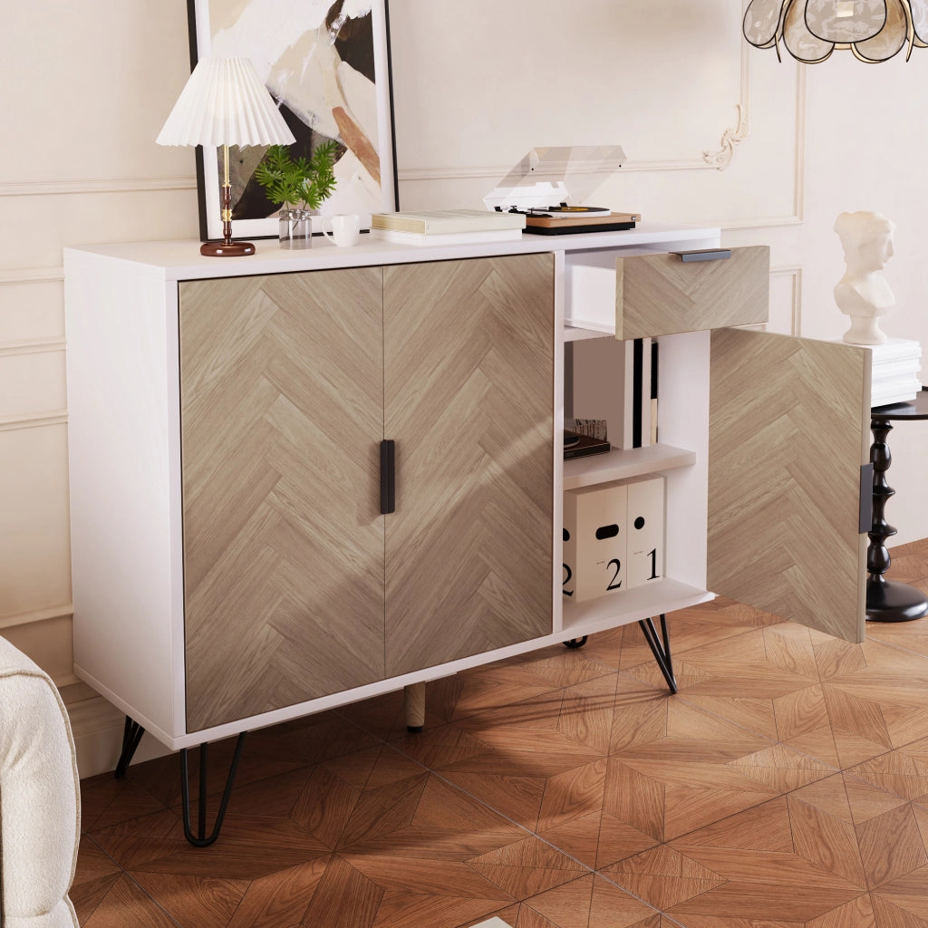 OKWISH Credenza Contenitore con 3 Ante e 1 Cassetto, Ripiani Regolabili, per Soggiorno Ingresso Camera, MDF, Bianco e Legno, 90 x 30 x 71,5 cm