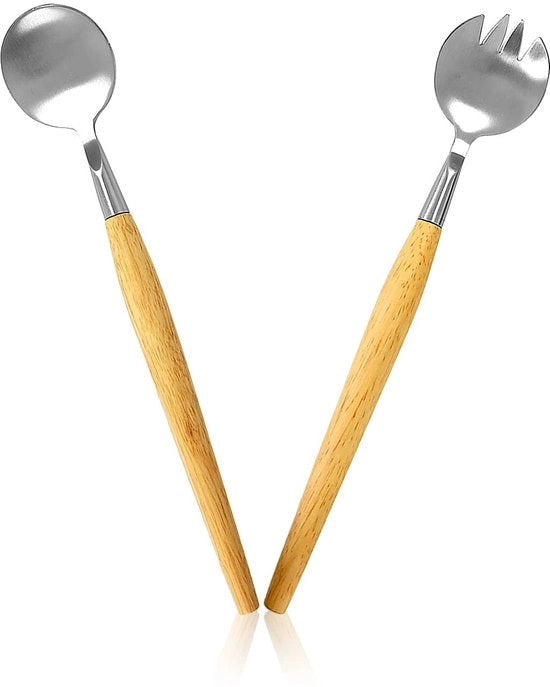 Set di forchette da insalata 2 pezzi - Forchetta da insalata in acciaio inossidabile - Manico in legno - Per insalata/frutta/soupe - 28,5 cm - Sostenibile e amichevole con l'ambiente - Forchetta da insalata da 2 pezzi - Codice prodotto: 123456