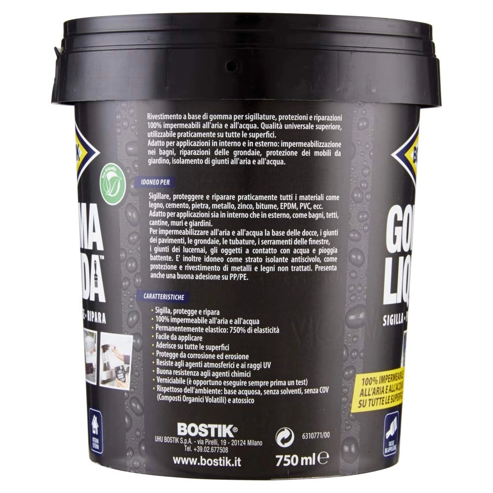 Gomma Liquida Sigillante Impermeabile 750 ml Elastica e Verniciabile per Riparazioni e Rivestimenti Interni ed Esterni Bostik UHU Bison